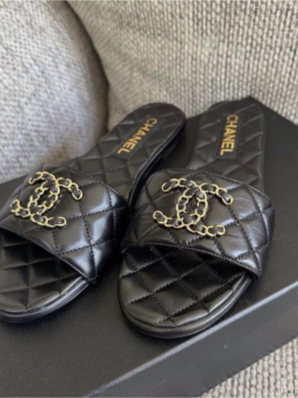 Chanel Quilted Leather Slide Sandals in Black